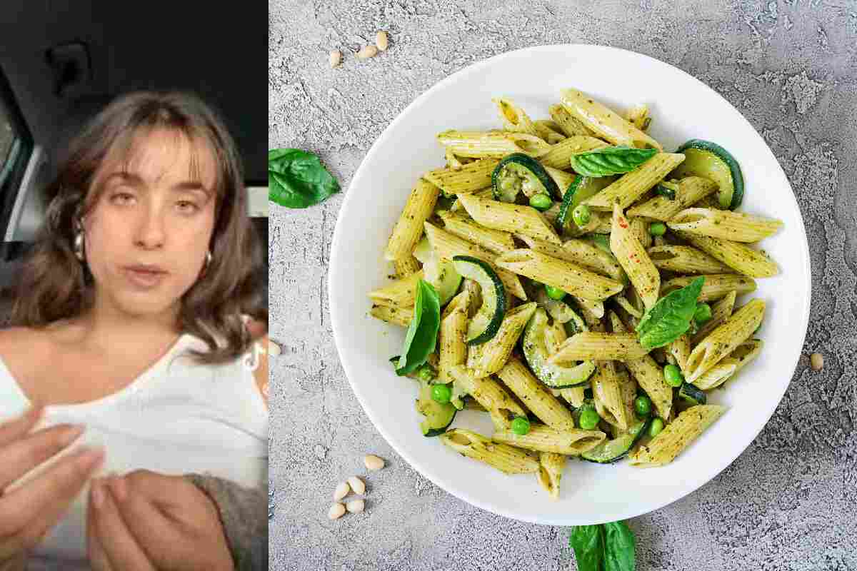 studentessa e pasta al pesto