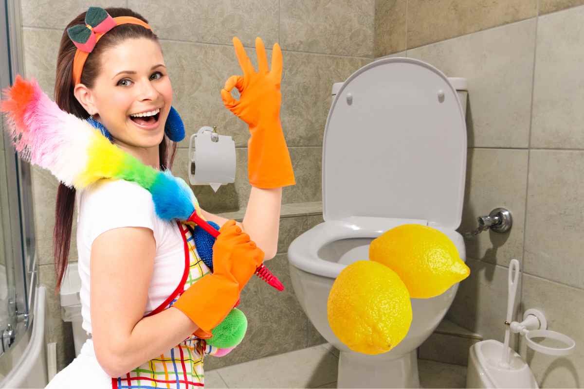 Una tazza del wc ed una donna che fa le pulizie con due limoni