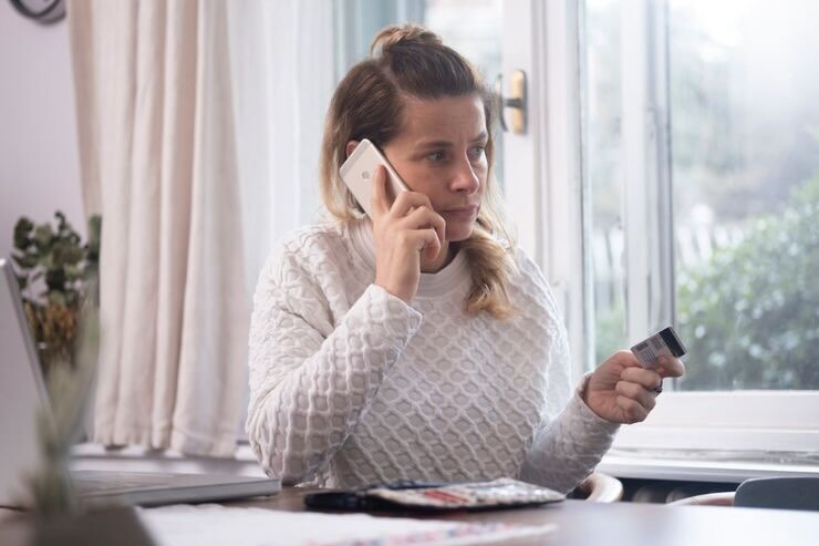 Donna al telefono con carta di credito